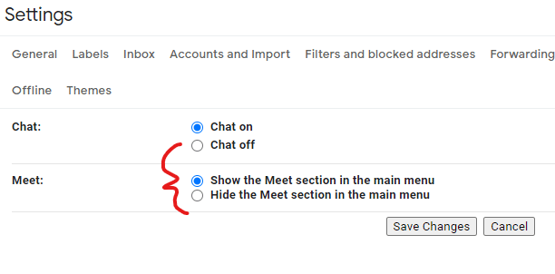 turn off chat and Google Meet option
