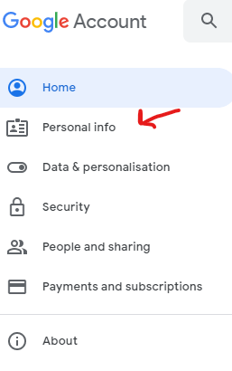 personal info option in Google account